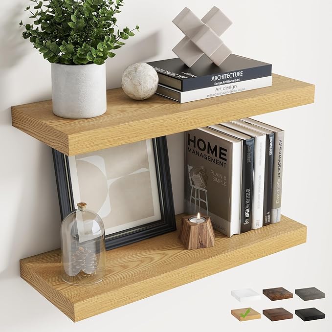 24 Inch Floating Shelves for Wall Set of 2, 8"D Wood Grain Bathroom Shelves with Invisible Brackets, Easy Install Engineered 
