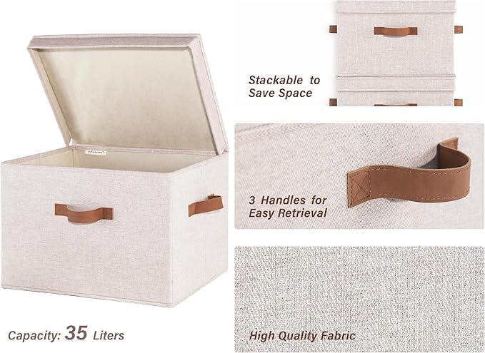 StorageWorks Fabric Storage Bins with Lid, Decorative Storage Boxes for Shelves, Stackable Closet Organizer Basket with Handl