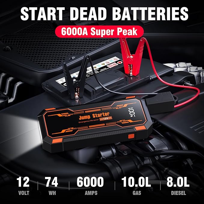 Car Jump Starter 6000A Car Battery Jump Starter Portable,12V Battery Jumper Starter Portable(10.0L Gas/8.0L Diesel),LCD