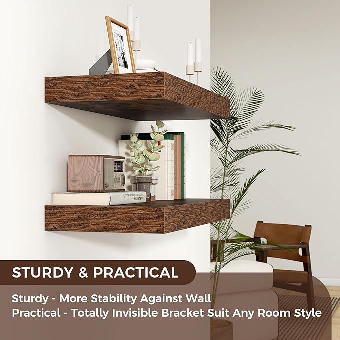 Floating Shelves for Wall, 36" W x 12" D x 2" H, 2 Pack of Long Wall Mounted Engineered Wood Shelves with Invisible Brackets 