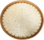 16" Large Natural Rattan & White Mother of Pearl Lazy Susan, Boho Rotating Turntable Serving Tray for Dining Table Centerpiec