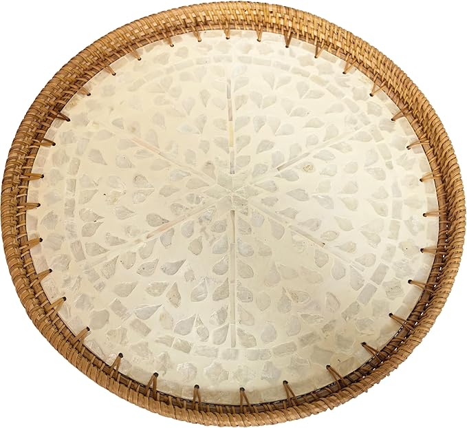 16" Large Natural Rattan & White Mother of Pearl Lazy Susan, Boho Rotating Turntable Serving Tray for Dining Table Centerpiec
