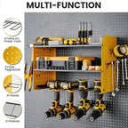 TRZZ Power Tool Organizer Wall Mount, 3-Layer Drill Holder with 2 Side Pegboards, Cordless Drill Rack with 4 Hooks, Efficient