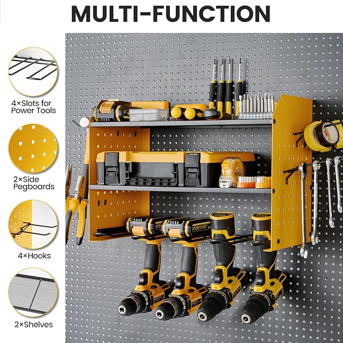 TRZZ Power Tool Organizer Wall Mount, 3-Layer Drill Holder with 2 Side Pegboards, Cordless Drill Rack with 4 Hooks, Efficient