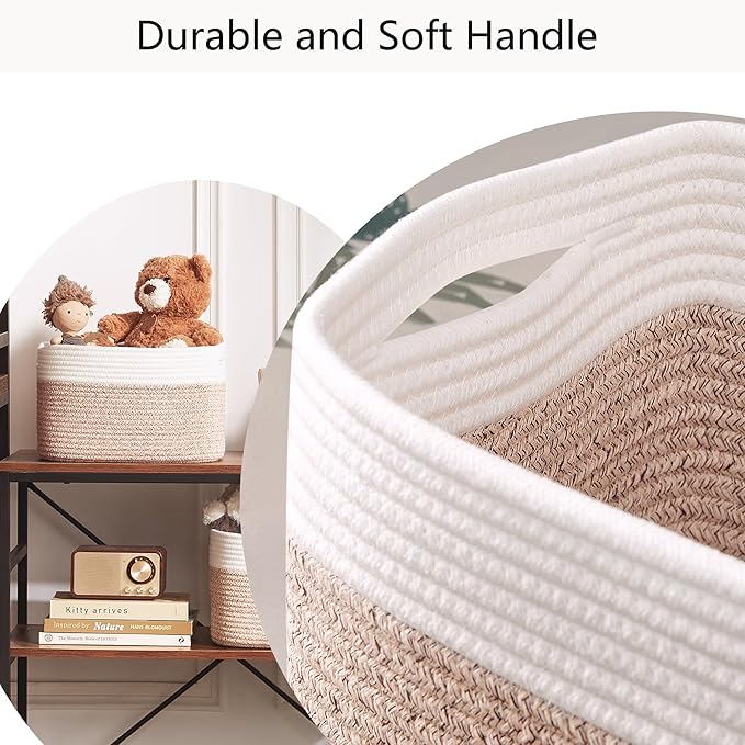 Storage Baskets for Shelves Set of 4 Woven Baskets for Closet Rectangle Toy Bin for Baby Nursery 12.7"Lx9"Wx7.9"H Brown & Whi