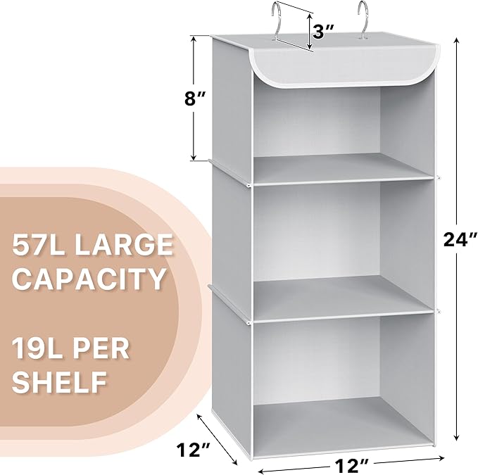 Simple Houseware 3-Shelf Hanging Closet Organizer, Fabric Storage Shelves with 57L Capacity, Gray