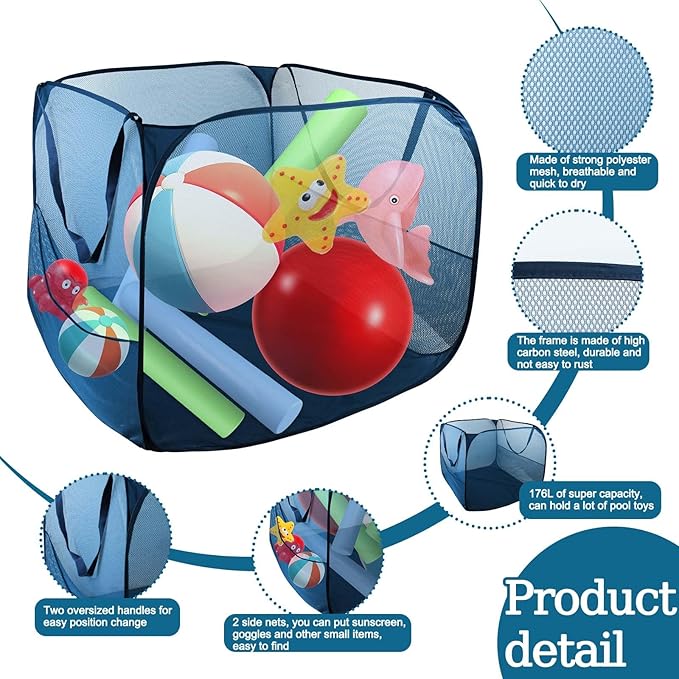 Pop up Pool Toy Storage Bin,22"X22"X22"Pool Float Organizer Bag with 2 Side Pockets Mesh Swimming Pool Toys Organizer with 4 