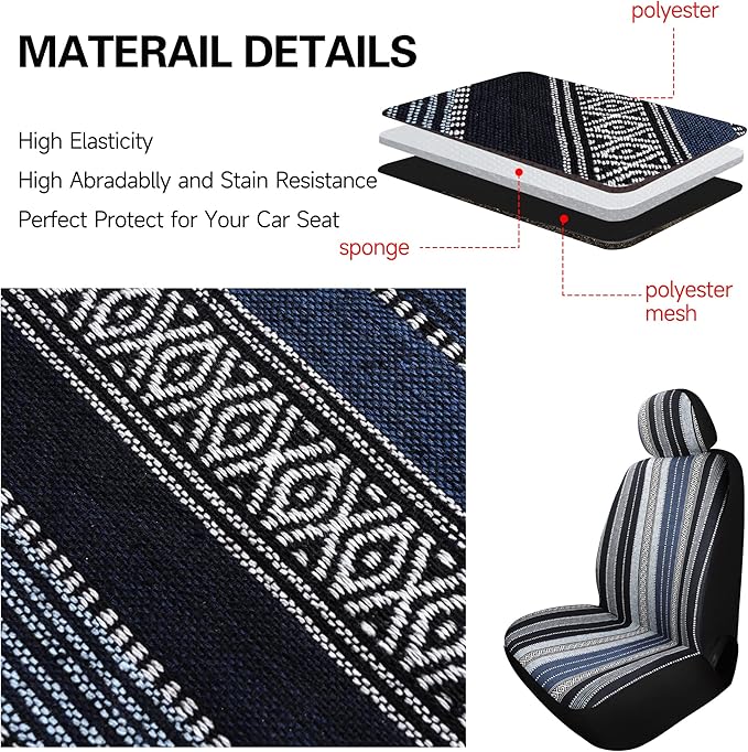 Pariitadin Baja Saddle Blanket Car Seat Covers Front Set with Seat Belt Pads, Washable Breathable Striped Woven Cloth Seat Co