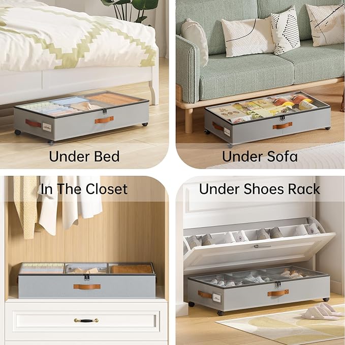 Yecaye Under Bed Storage with Wheels, 2 Pack Under Bed Storage Containers with Adjustable Dividers & Clear Window, Rolling Un