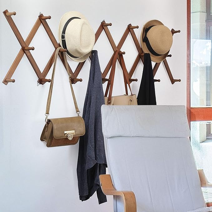 WEBI Accordion Wall Hanger,Expandable Wooden Hat Rack for Wall Mounted Coat Rack,Accordion Hat Hooks Holder for Baseball Caps