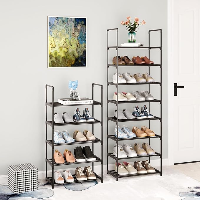 Metal Small Shoe Rack,Stackable Kids Shoe Stand,Narrow Shoe Storage Shelf for 8-10 Pairs of Shoes Entryway and Closet Hallway