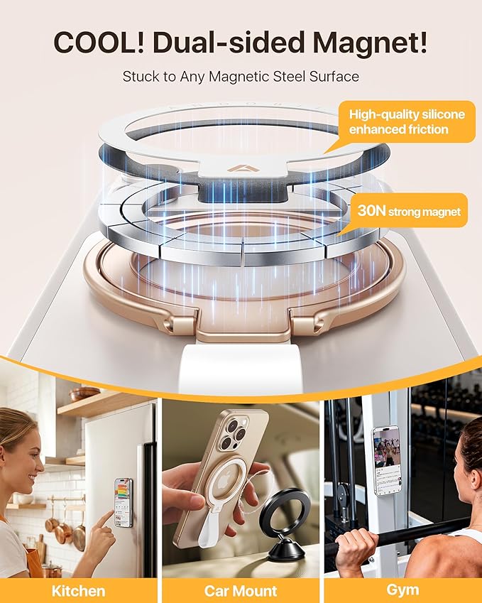 andobil [2026 Unrivaled Stability] Magnetic Phone Grip Holder for MagSafe Ring Stand Holder Kickstand Compatible with MagSafe Accessories for iPhone 17 Air 16 Pro Max Plus 15/14/13/12&Android,Rosegold