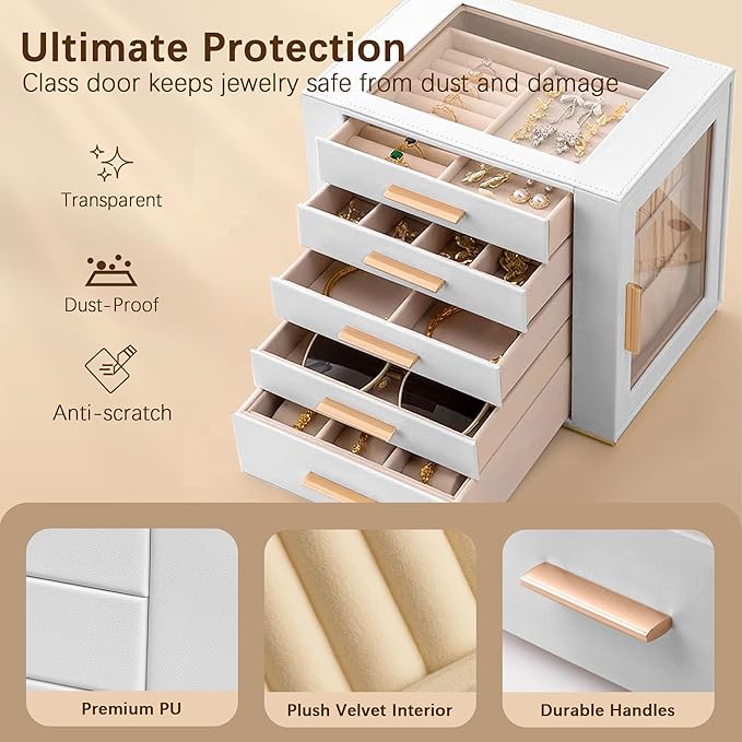 Homeanda Jewelry Box for Women with Glass Lid, 5 Drawers Jewelry Organizer and Storage for Necklaces, Rings, Earrings, Bracel