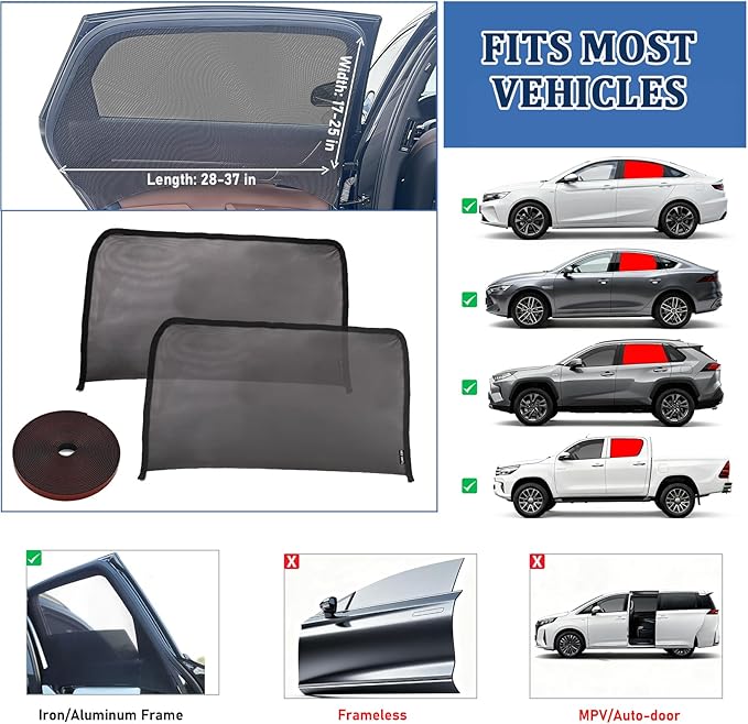 Car Window Shades,Car Window Screens for Camping,Car Window Cover for Baby,Universal Stretchable & Breathable Mesh Shades,Block Sun Rays,Fit Most Truck,SUV and Minivan(Rear 2 Pack)