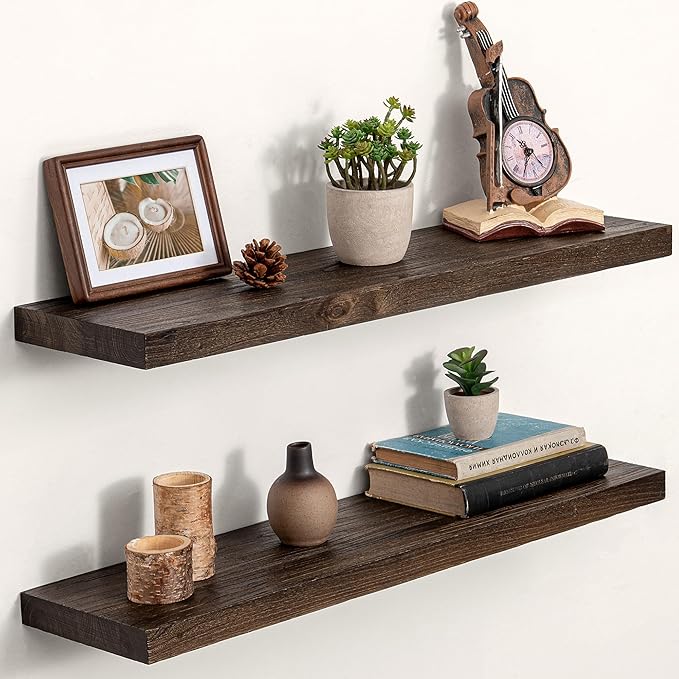 Dreamland Solid Wood Floating Shelves 30"x8" Set of 2 - Smooth Edge Elm Wall Mounted Shelf with Invisible Brackets, Minimalis