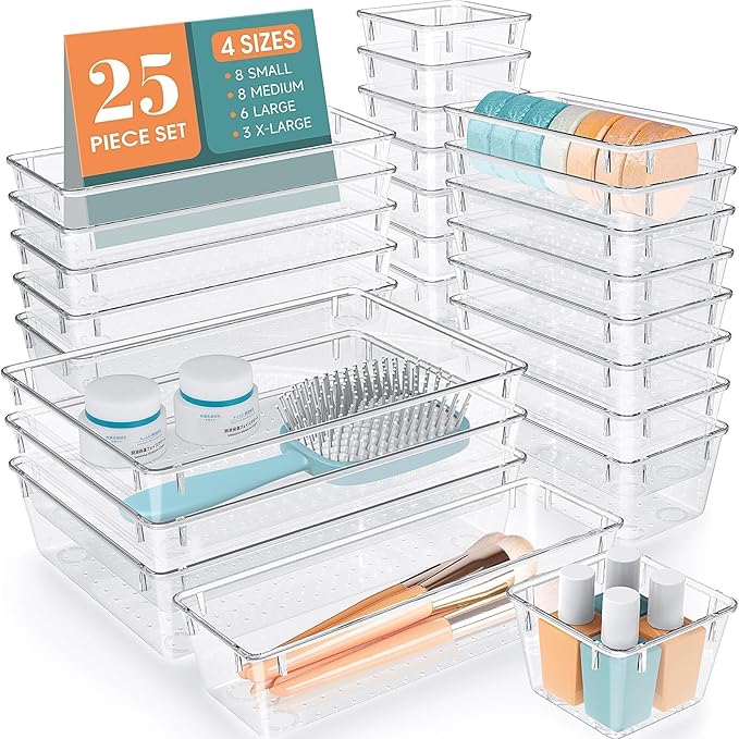 WOWBOX 25 PCS Clear Plastic Drawer Organizer Set, 4 Sizes Desk Drawer Divider Organizers and Storage Bins for Makeup, Jewelry