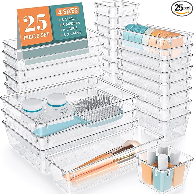 StorMiracle 25 PCS Drawer Organizer Set, 4 Varied Size Bathroom and kitchen Drawer cabinet organizer Trays, Clear Storage Bin