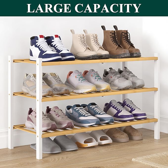 Smiry Bamboo Shoe Rack for Closet, 3 Tier Wooden Stackable Shoe Organizer, Free Standing Shoes Storage Shelf for Entryway, Fr