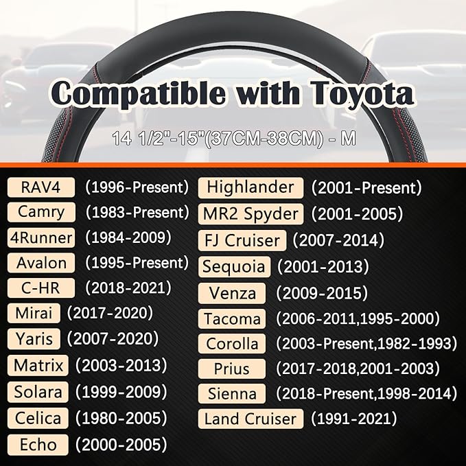 GIANT PANDA Car Steering Wheel Cover for Toyota RAV4,Camry,Highlander,Corolla,Prius,Tacoma,Standard Size - Black+Red Line