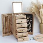 Meangood Jewelry Box Wood for Women, 6-Layer Large Organizer Box with Mirror & 5 Drawers for Rings, Earrings, Necklaces, Vint