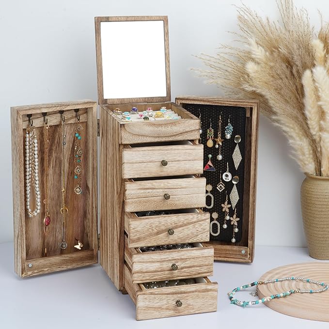 Meangood Jewelry Box Wood for Women, 6-Layer Large Organizer Box with Mirror & 5 Drawers for Rings, Earrings, Necklaces, Vint