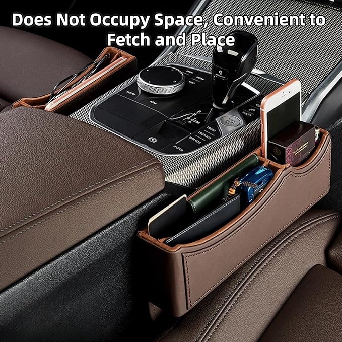 Car Seat Gap Organizer Large Capacity Leather Storage Box with Charging Port Multi-Purpose Car Seat Crevice Storage Solution for Phones Wallets Cards Ideal for Car Organization (Modern, Brown-Right)