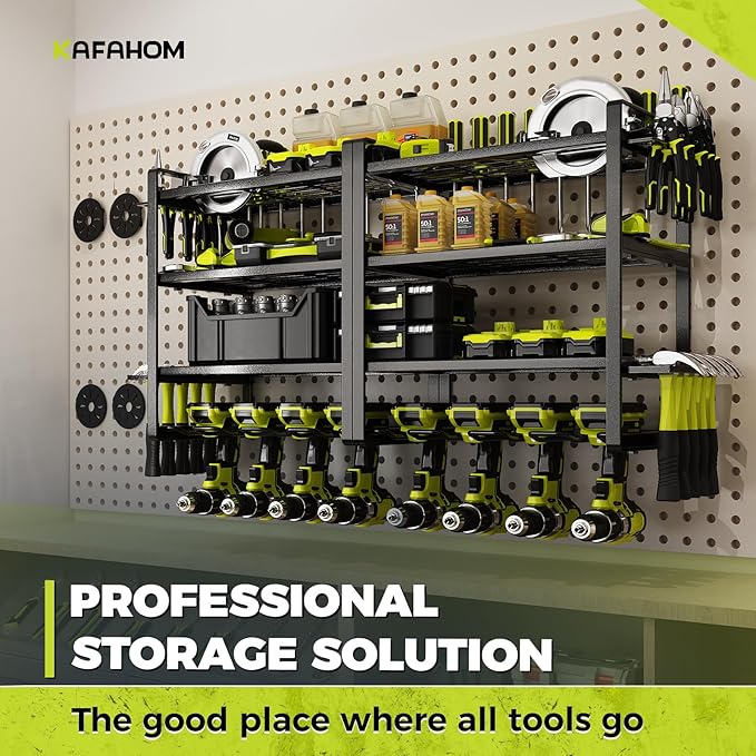 KAFAHOM Power Tool Organizer Wall Mount, 4-Tier Drill Holder for Cordless Tools, 2-Pack Set, Garage Storage Rack with Side Ho