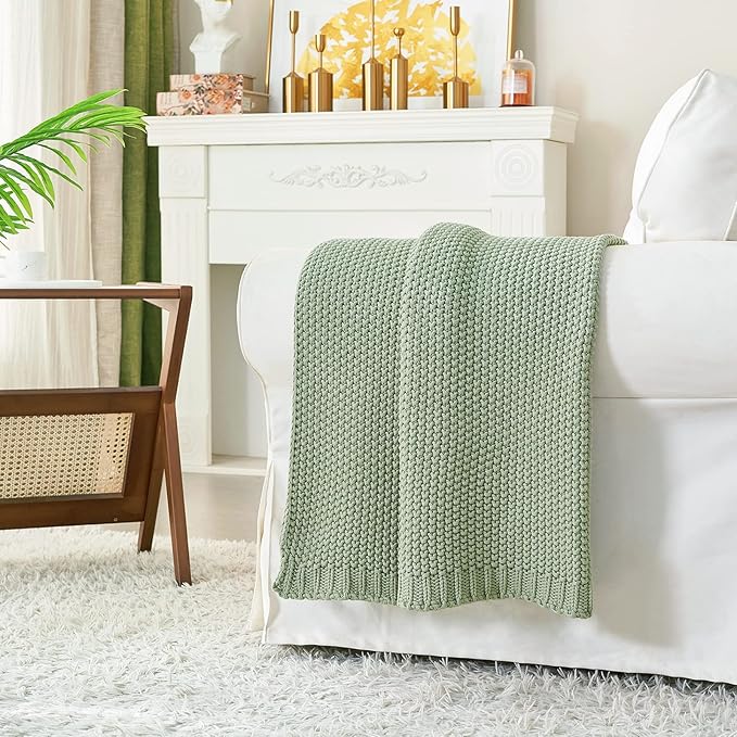Chunky Cable Knit Throw Blanket Lightweight Light Green 100% Organic Cotton Blanket for Sofa Couch Bed Baby Nursery, Rustic S