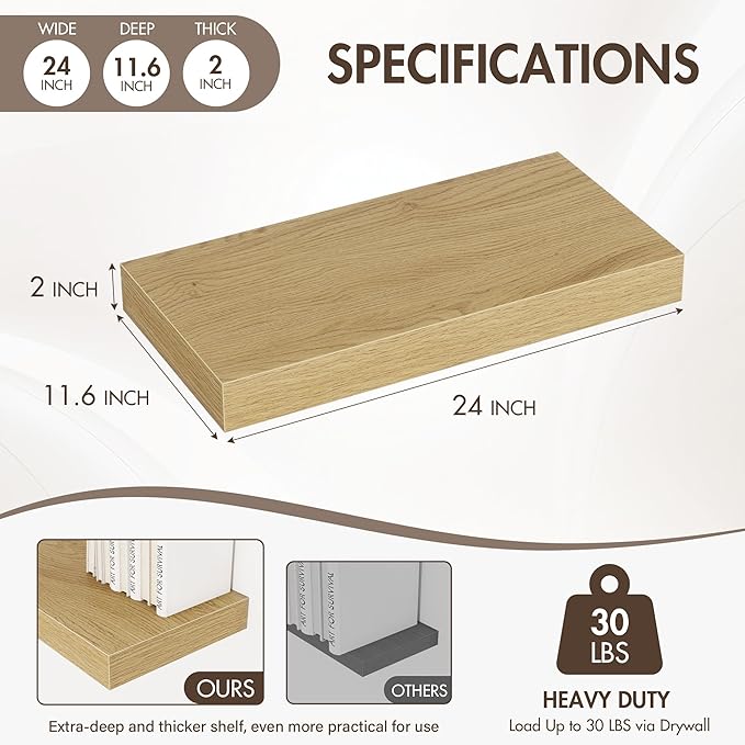 24 Inch Floating Shelves, 12" Deep Floating Shelf Wall Mounted, 24" Wall Shelves, Rustic Deep Bookshelf, Extra Deeper & Thick