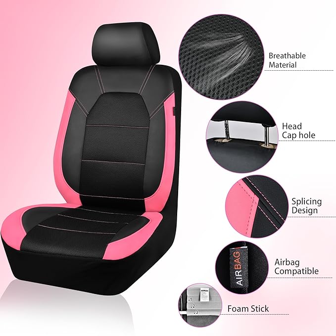 CAR PASS Leather Seat Covers, Breathable Universal Car Seat Cover Full Set for Cute Women Girly,Super 5mm Composite Sponge In