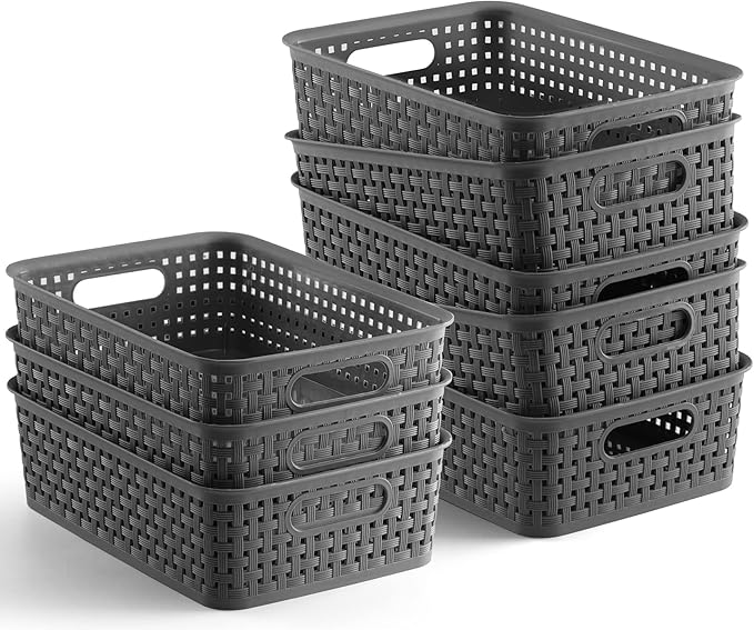 NETANY Plastic Storage Baskets - 8 Pack, Gray, Durable, Easy to Use, Flexible, Multi-Purpose, Ideal for Closets, Cabinets, Sh