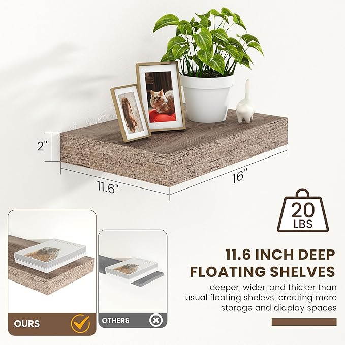Deep Floating Shelves | 16 Inch Grey Floating Shelves Set of 2 | 12 Inch Deep Rustic Grey Wall Shelves | Deep Shelves for Liv