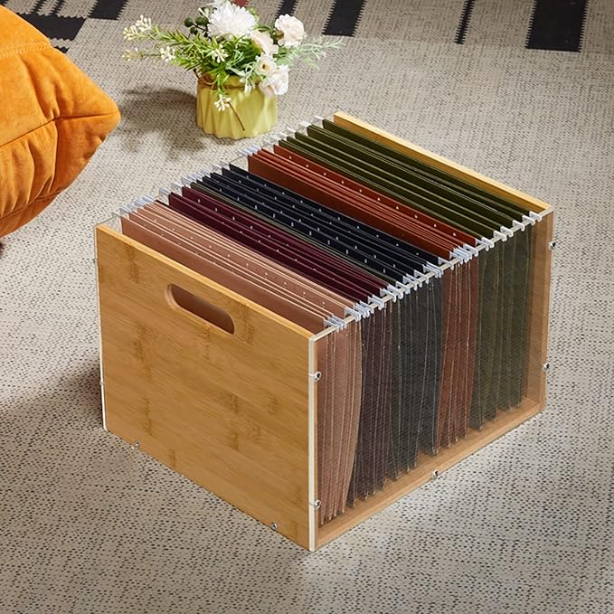 Sbanmao 2 Pack Hanging File Organizer, Clear Acrylic File Box Organizer, Bamboo Filing Box File Crate Storage Boxes, Portable