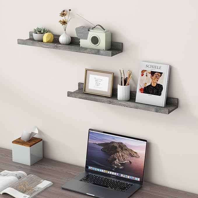 24 Inches Floating Shelves for Wall, Solid Pine Wood Picture Ledge Shelves, Wall Shelves with Lips, Nursery Book Shelves for 