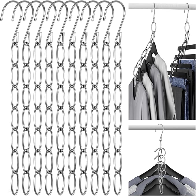 NiHome Clothing Chain Hanger 10-Pack, Metal Closet Organizer Space Saving Hangers with 7 Holes, College Dorm Room Essentials,