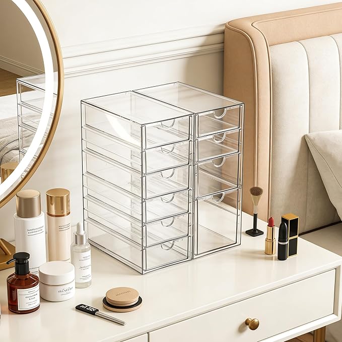 Prsildan Acrylic Drawer Makeup Organizer with 10 Drawers, Set of 2 Office Desk Organizers Accessories, Clear Stackable Storag