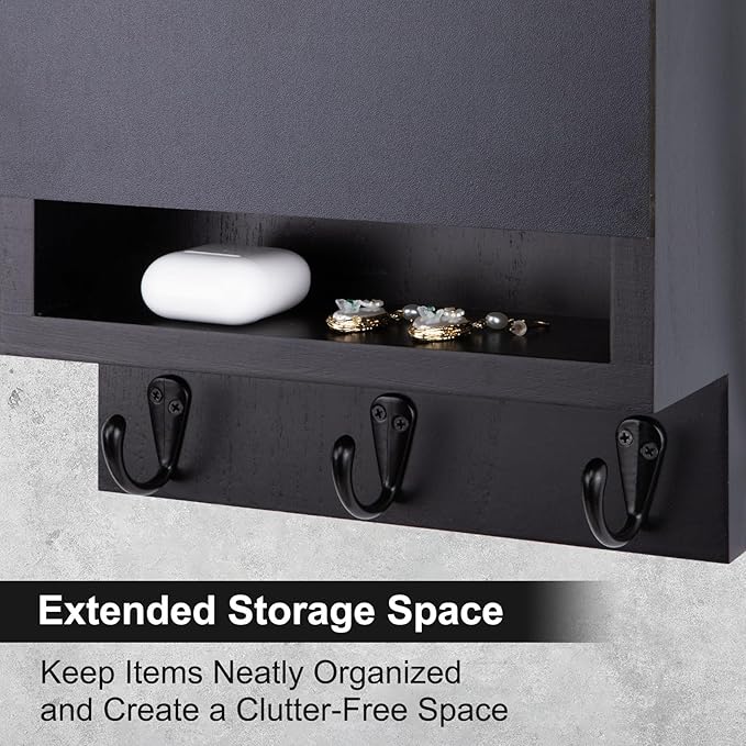 Key and Mail Holder for Wall, Key Holder with Chalkboard and Long Storage Box, Key Hanger with 3 Sturdy Hooks for Coat, Dog L