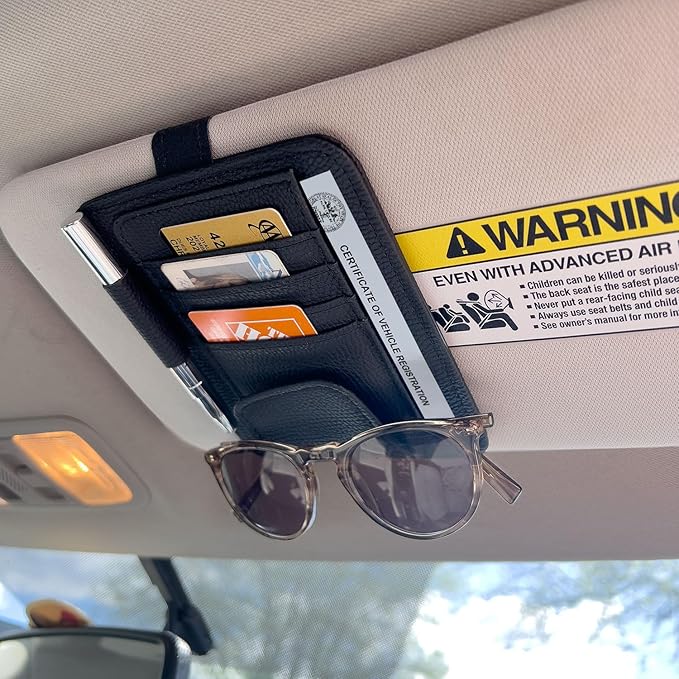 Pennzoil Mini Car Sun Visor Organizer Auto Interior car interior accessories - Car Visor Organizer -4 Card Slots, Pen Holder, Eyeglass Clip, Large Pocket -Small Size 5” x 6”x 0.50” Sunvisor Organizers