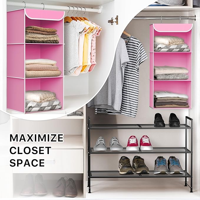 Simple Houseware 3-Shelf Hanging Closet Organizer, Fabric Storage Shelves with 57L Capacity, Pink