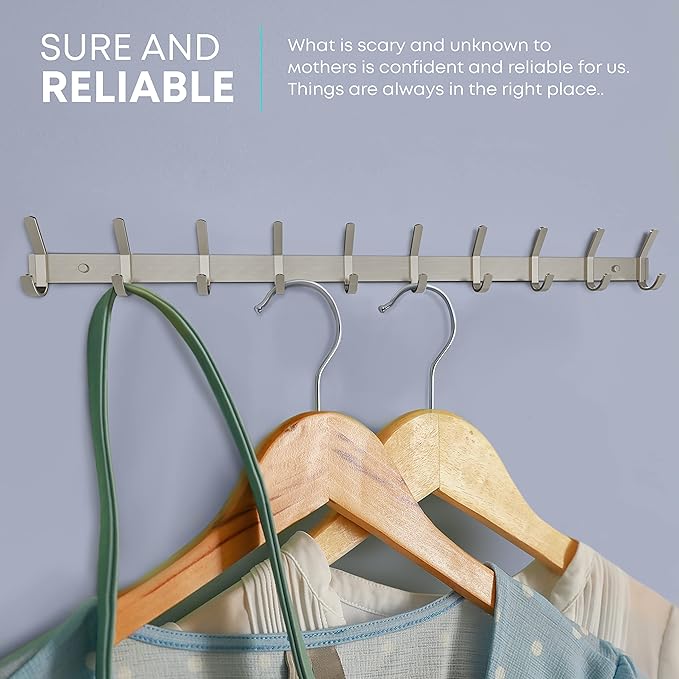 Coat Rack Wall Mount – Brushed Nickel 30 Inch Stainless Steel Hook Rail with 10 Heavy Duty Double Coat Hooks – Wall Mounted C