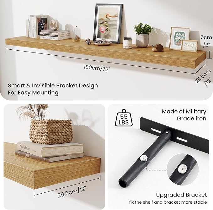 Fun Memories 72 Inch Fireplace Mantel Shelf, 12 Inch Deep Shelves for Display & Wall Storage, Rustic Wood Wall Shelf, Extra L