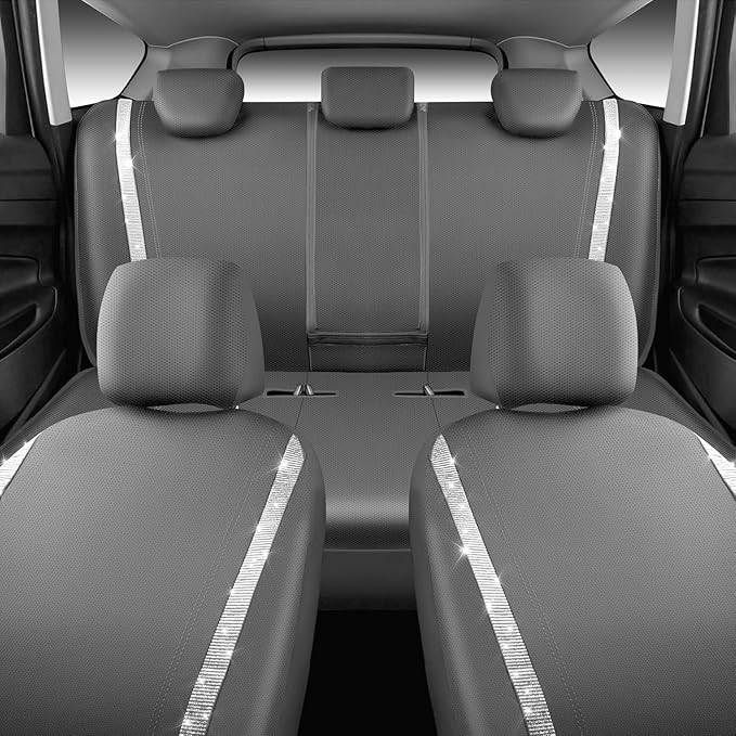 CAR PASS Bling Car Seat Covers Full Set, Shining Glitter Rhinestone Diamond Waterproof Faux Leather Interior Sets Universal Fit Automotive Glitter Crystal Sparkle Strips for Cute Women Girl, Gray