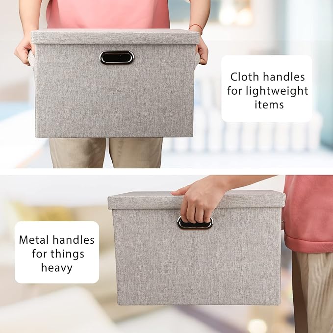 Graciadeco Large 17" 36 Quart Collapsible Stackable Storage Bins with Lids, 5 Packs Beige Linen Fabric Closet Boxes with Lids