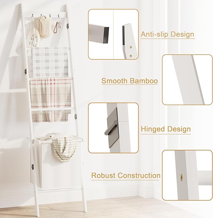 BAMBANG Bamboo Blanket Ladder with Basket, 5-Tier Quilt Rack Stand with 4 Hooks & Storage Hamper for Living Room Bathroom, Wa