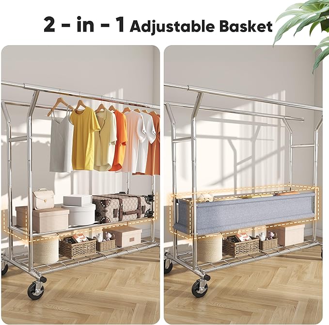HOKEEPER Clothing Rack Heavy Duty Clothes Rack for Hanging Clothes Load 625LBS Extendable Double Rod Clothes Rack, Adjustable