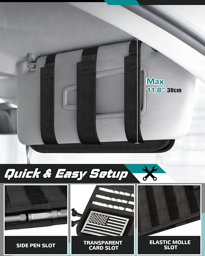 Visor Organizer, Heavy Duty Tactical Car Sun Visor Organizer with Large Zipper Pocket & Sunglasses Holder, Semi-Rigid Molle Visor Storage Pouch for Cars, Trucks, and SUVs, Car Interior Accessories
