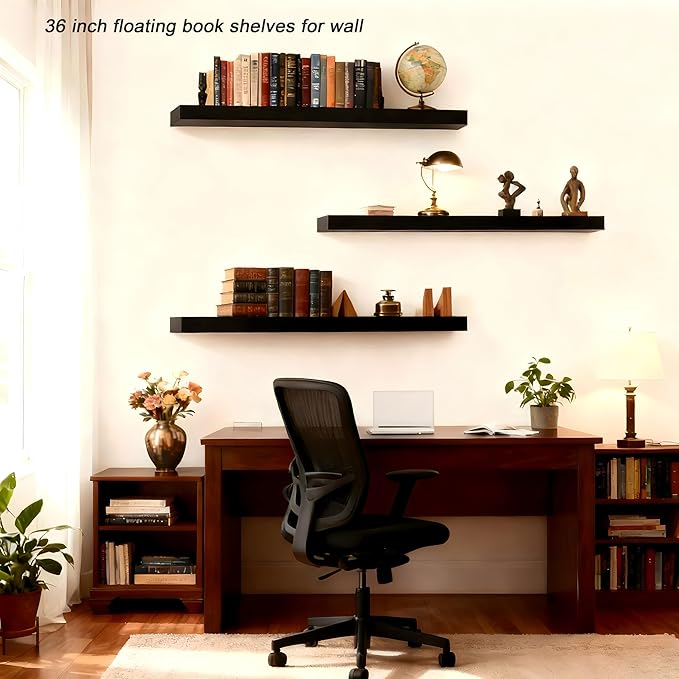 ROGMARS Black Wooden Floating Shelves for Wall 36 Inches Long,Rustic Solid Wood Farmhouse Wall Shelves with Invisible Bracket