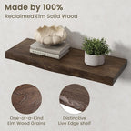 Fun Memories Floating Shelves for Wall Decor Set of 2-24 Inch Solid Elm Wood Live Edge - Rustic Walnut Wall Shelves with Invi