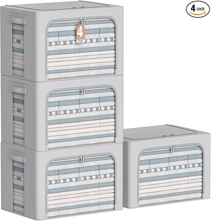 CYhom 4 Pack Clothes Storage Bins - Oxford Fabric Metal Frame Storage Box - Foldable Stackable Container Organizer Set with C