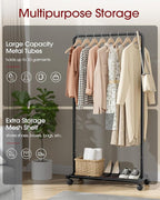 Sakugi Clothes Rack - Clothing Rack with Storage Mesh Shelf & Casters, Heavy-Duty Metal Clothing Rack for Hanging Clothes, Dr